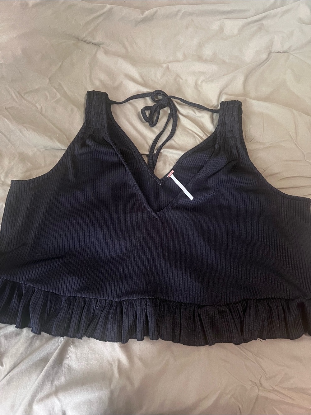 Free People Black Ribbed Ruffle Crop Tank